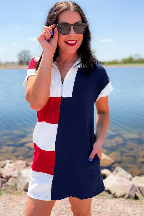 Americana Striped Zip Up Collared T Shirt Mini Dress