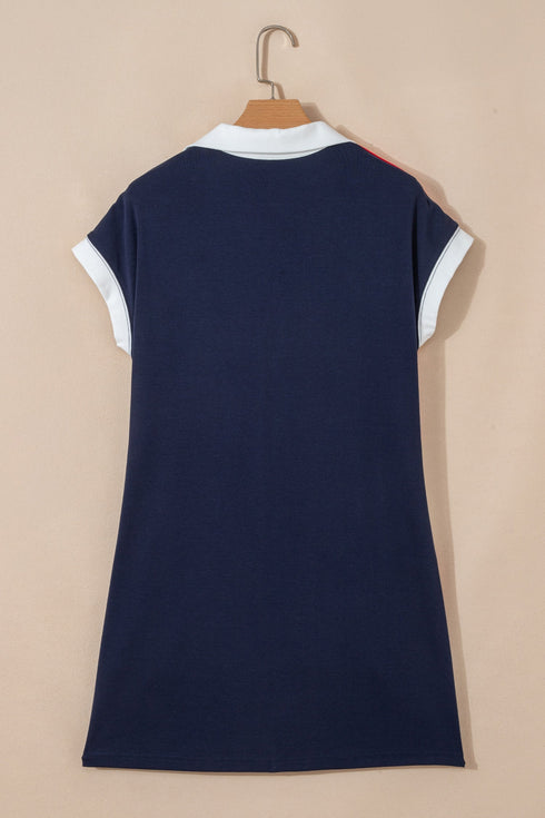 Americana Striped Zip Up Collared T Shirt Mini Dress
