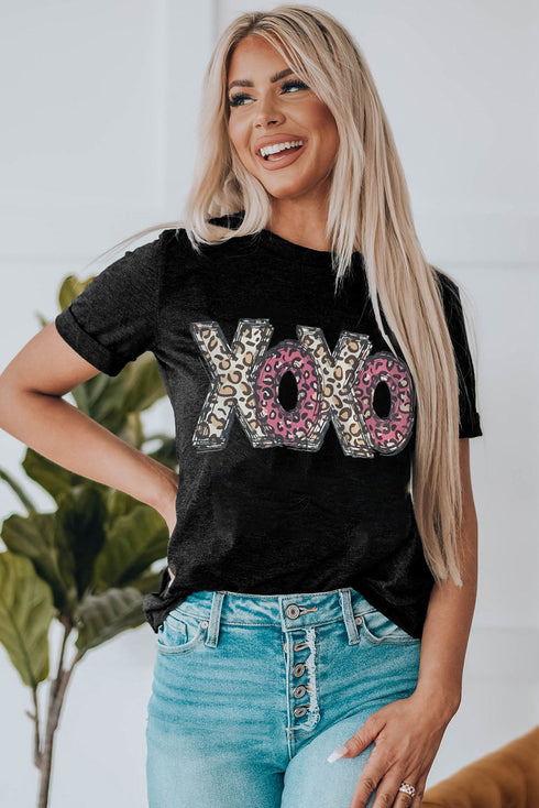 Animal Pattern XOXO Graphic Short Sleeve Tee