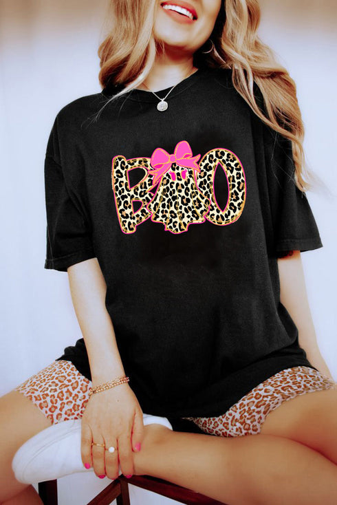 Animal Print Boo Ghost Graphic Crew Neck Tee