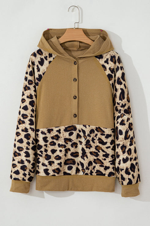 Animal Print Button Front Blocked Hoodie
