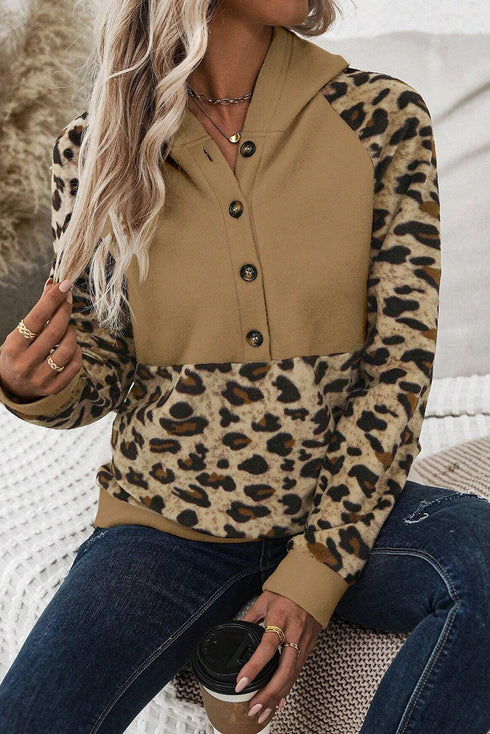 Animal Print Button Front Blocked Hoodie