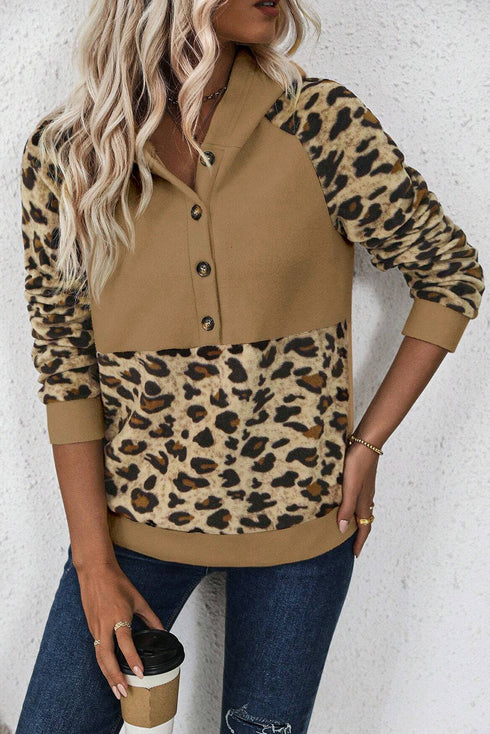 Animal Print Button Front Blocked Hoodie