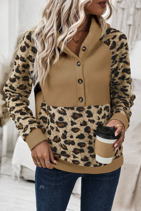 Animal Print Button Front Blocked Hoodie