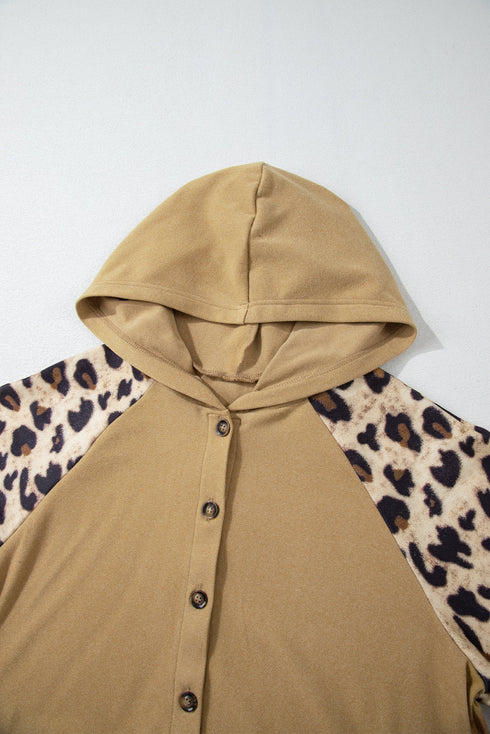 Animal Print Button Front Blocked Hoodie