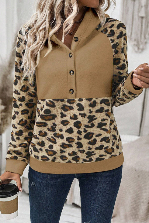 Animal Print Button Front Blocked Hoodie