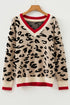 Animal Print Contrast Trim V Neck Sweater
