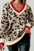 Animal Print Contrast Trim V Neck Sweater
