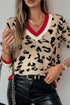 Animal Print Contrast Trim V Neck Sweater