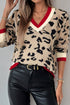 Animal Print Contrast Trim V Neck Sweater