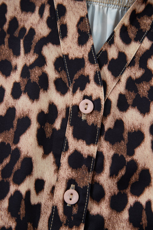 Animal Print Lace Detail Puff Sleeve Button Front Shirt