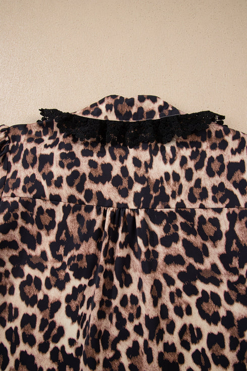Animal Print Lace Detail Puff Sleeve Button Front Shirt