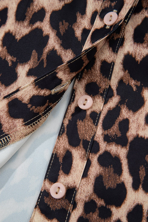 Animal Print Lace Detail Puff Sleeve Button Front Shirt