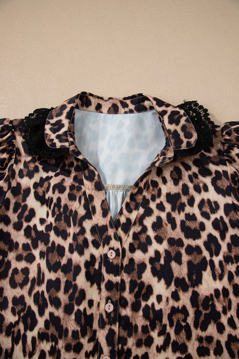Animal Print Lace Detail Puff Sleeve Button Front Shirt