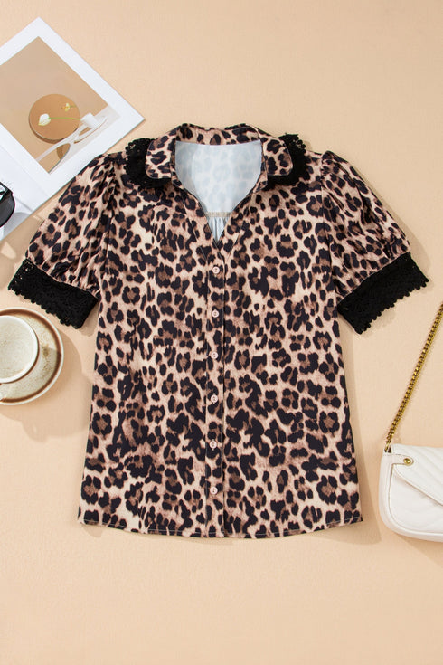 Animal Print Lace Detail Puff Sleeve Button Front Shirt