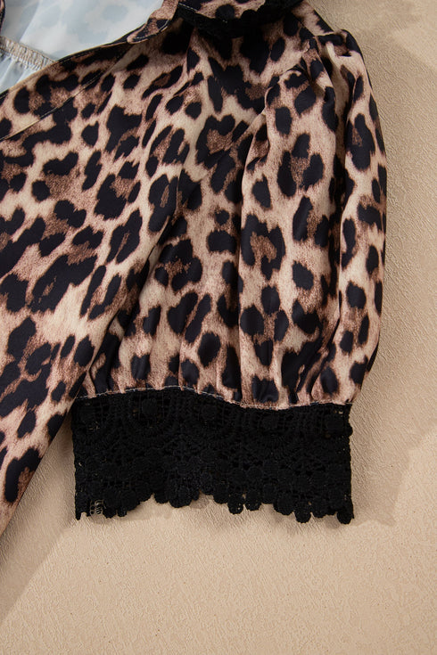 Animal Print Lace Detail Puff Sleeve Button Front Shirt