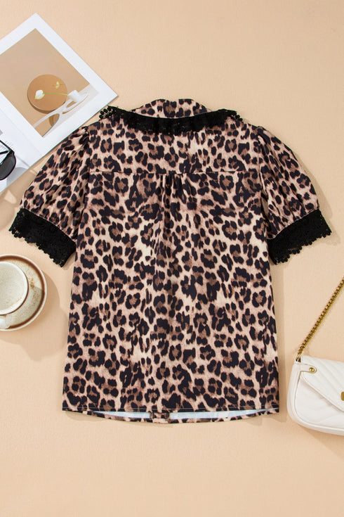 Animal Print Lace Detail Puff Sleeve Button Front Shirt