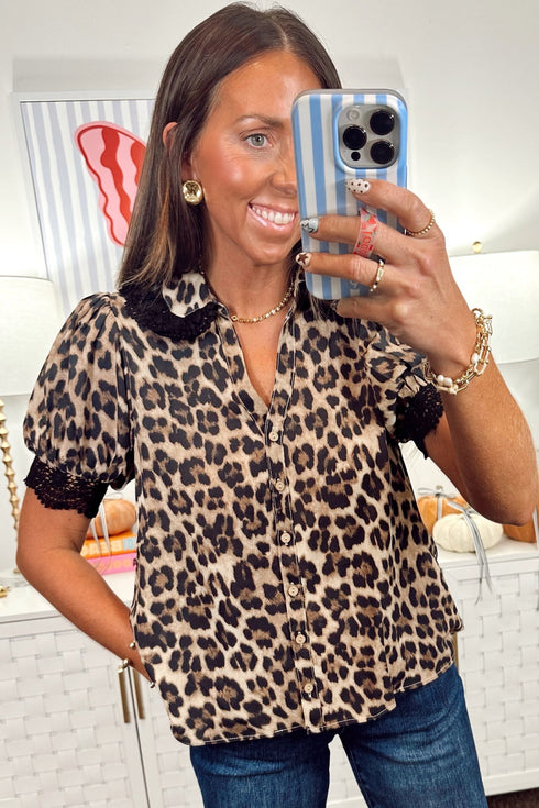 Animal Print Lace Detail Puff Sleeve Button Front Shirt