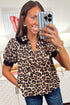 Animal Print Lace Detail Puff Sleeve Button Front Shirt