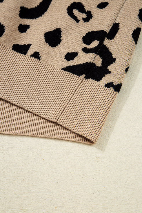 Animal Print Ribbed Trim Button Cuff Sweater