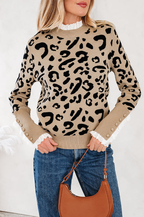 Animal Print Ribbed Trim Button Cuff Sweater