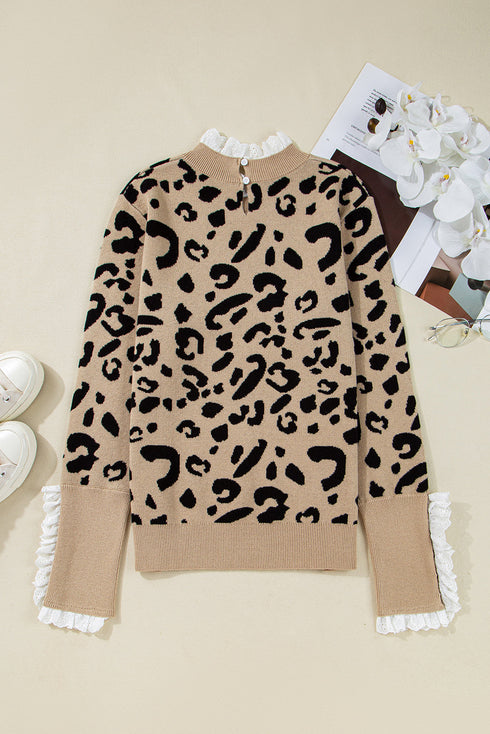 Animal Print Ribbed Trim Button Cuff Sweater