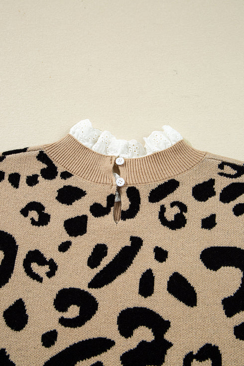 Animal Print Ribbed Trim Button Cuff Sweater
