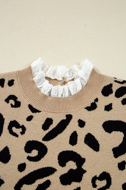 Animal Print Ribbed Trim Button Cuff Sweater