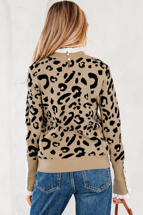 Animal Print Ribbed Trim Button Cuff Sweater