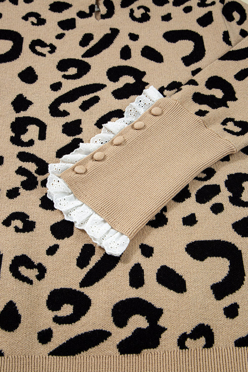 Animal Print Ribbed Trim Button Cuff Sweater