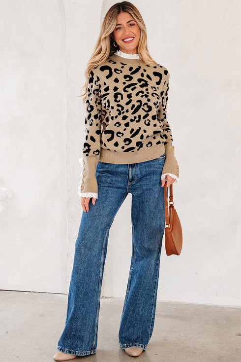 Animal Print Ribbed Trim Button Cuff Sweater