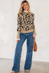 Animal Print Ribbed Trim Button Cuff Sweater