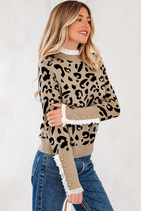 Animal Print Ribbed Trim Button Cuff Sweater