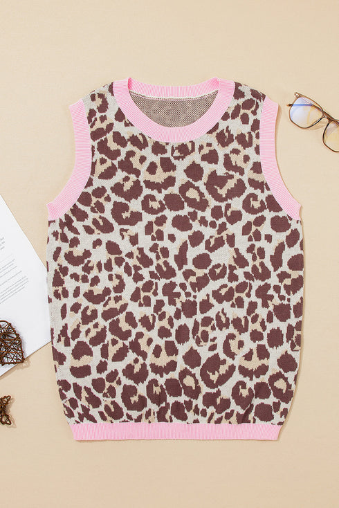 Animal Print Ribbed Trim Sleeveless Knit Top