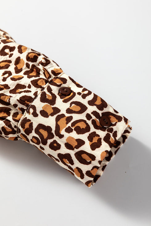 Animal Print Ruffle Neck Button Front Long Sleeve Blouse