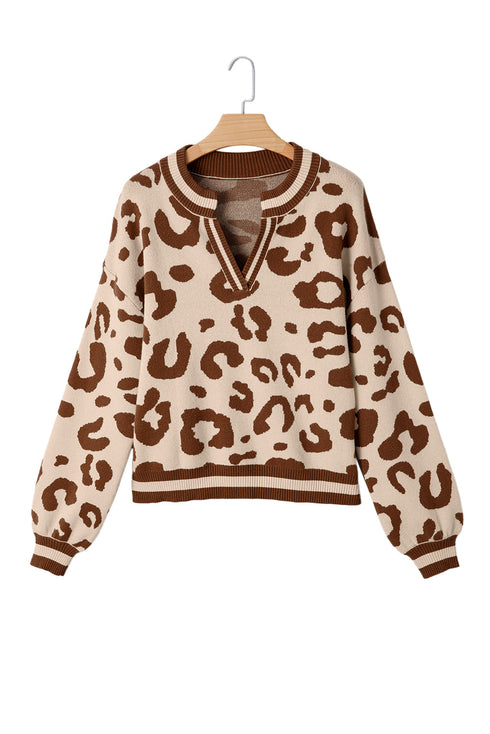 Animal Print Split Neck Ribbed Trim Sweater