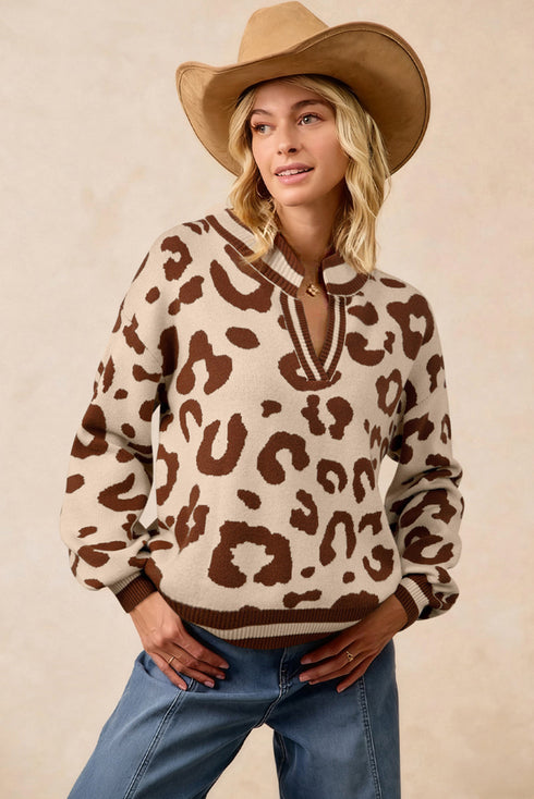 Animal Print Split Neck Ribbed Trim Sweater