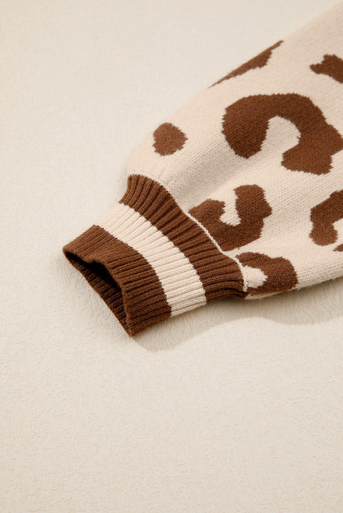 Animal Print Split Neck Ribbed Trim Sweater
