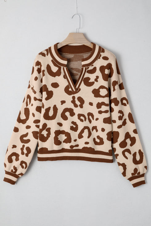 Animal Print Split Neck Ribbed Trim Sweater