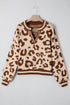 Animal Print Split Neck Ribbed Trim Sweater