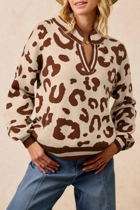 Animal Print Split Neck Ribbed Trim Sweater