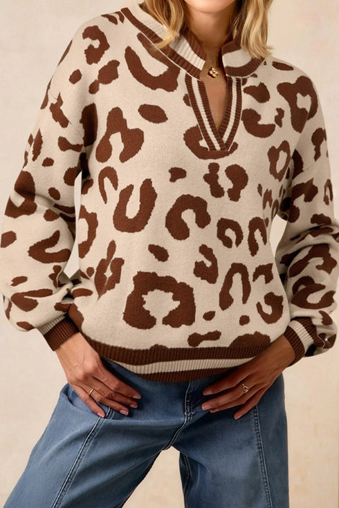 Animal Print Split Neck Ribbed Trim Sweater
