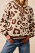 Animal Print Split Neck Ribbed Trim Sweater