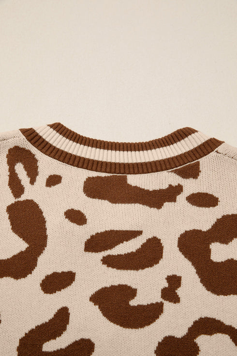 Animal Print Split Neck Ribbed Trim Sweater