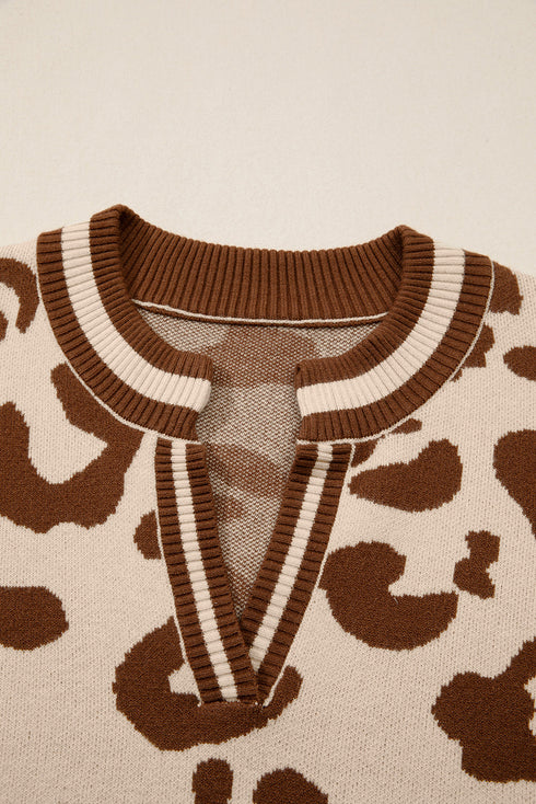 Animal Print Split Neck Ribbed Trim Sweater