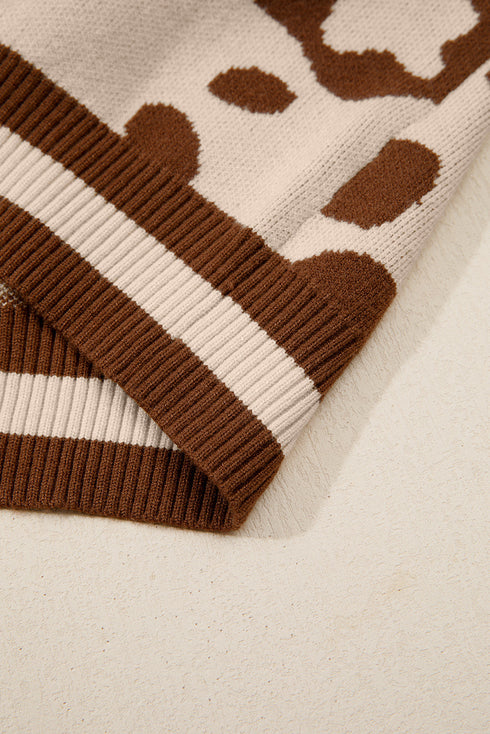 Animal Print Split Neck Ribbed Trim Sweater