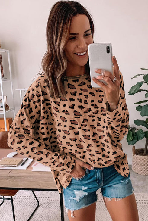 Animal Print Stitching Loose Long Sleeve Top