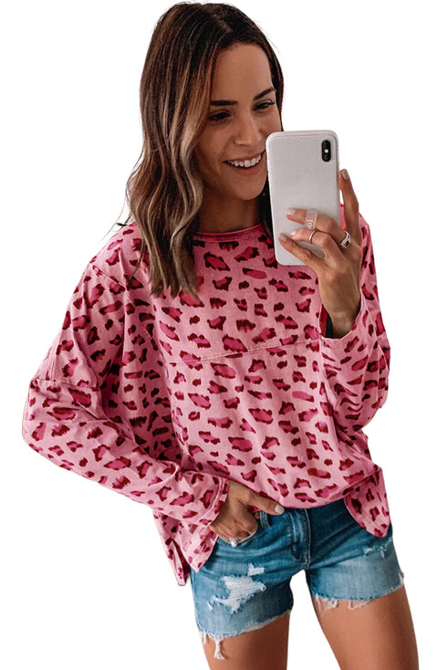 Animal Print Stitching Loose Long Sleeve Top