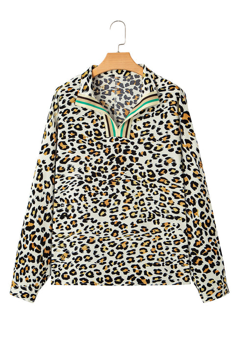 Animal Print Striped Contrast Pocket V Neck Blouse