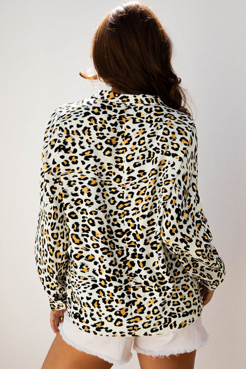 Animal Print Striped Contrast Pocket V Neck Blouse